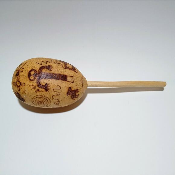 7.5" Native American Animal Hide Hand Drum & 11" Hand Carved Pictograph Maraca - Picture 2 of 8